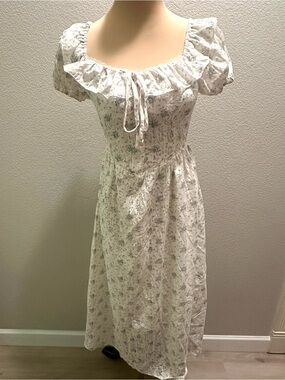 White Floral Ruffle-Neck Midi Dress with Tie Detail